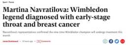 網壇“女金剛”納芙拉蒂諾娃被診斷患有喉癌和乳腺癌