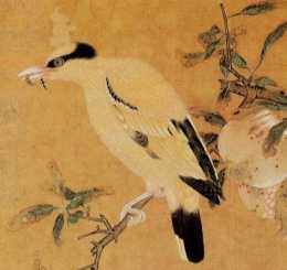 宋代花鳥畫：黃鳥啄蟲於榴枝上，神形逼肖，工筆重彩、濃麗沉穩
